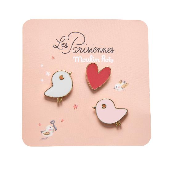 Birds and Heart Lacquered Pins - Set of 3